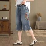 Embroidery New Chinese Style Denim Culottes for Women Summer Thin Style New High Waist Loose Casual Wide Leg Pants