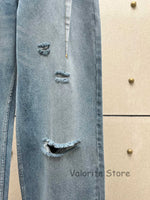 Woman Blue Denim Washed Ripped Jeans Knees Holes Fashion Trousers Frayed Hem 2025 Pants