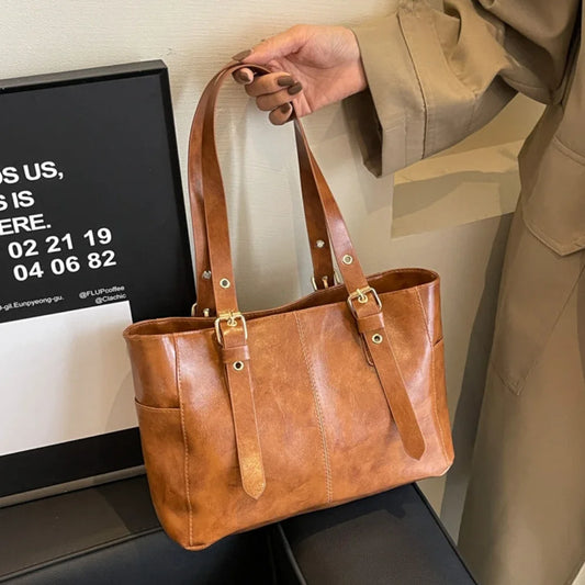 Fashion Retro Women PU Leather Shoulder Bags Trend High End Lady Tote Bag Large Capacity Female's Commuter Bag Handbag Purses