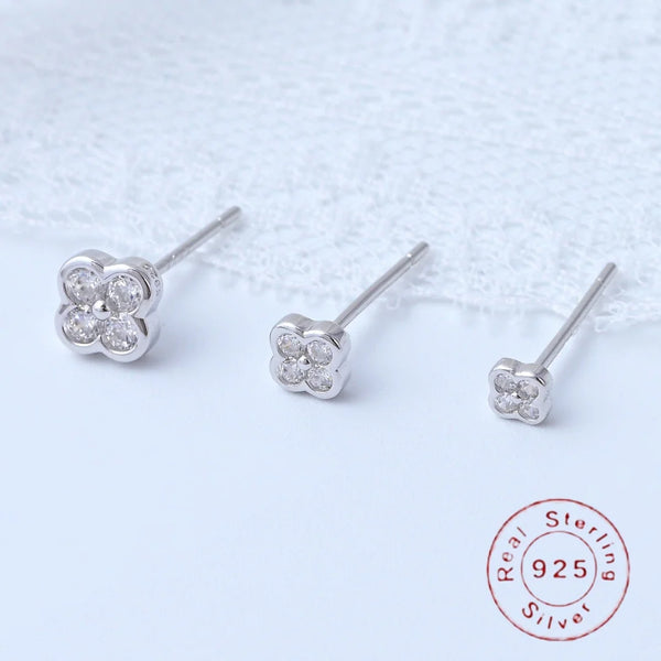S925 solid sterling silver stud earrings with four-leaf clover ，elegant cute  small flower earrings