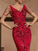 Elegant Deep V-Neck Red Sequin Formal Evening Dresses Women 2024 Beading Wedding Party Mermaid Cocktail Prom Gown