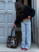 Fashion Beading Star Leopard Patchwork Jeans Women Pockets Low Waist Straight Denim Trousers 2025 Autumn Lady Streetwears New