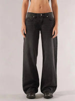 Women's Fall Jeans with Pockets Fashion Loose Fit Casual Solid Low Rise Wide Leg Denim Pants