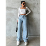 Jeans Wide Leg Pants Women 2025 Streetwear High Waist Washed Distressed Pockets Vintage Full Length Denims Basis Trousers