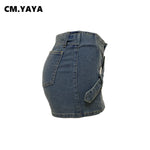CM.YAYA 2025 Summer High Waist Denim Washed Vintage Women Shorts Skirts Belt Cargo Party Streetwear Classic A-Line Mini Shorts