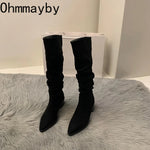 Vintage Pleated Woman Knee High Boot Elegant Low Heel Autumn Winter Shoes Ladies Pointed Toe Knight Long Booties