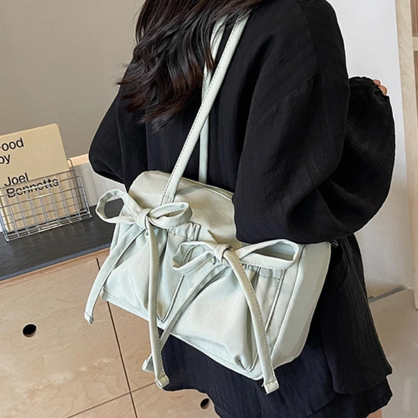 2025 New Korean Bow Nylon Shoulder Bag Fashionable and Sweet Design Tote Bag Folded Large Capacity Commuter Women's Handbag