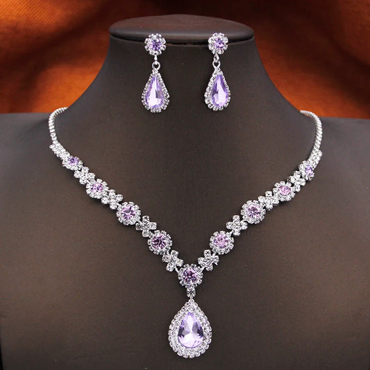 Women's Rhinestone Water Drop Bridal Jewelry Set Birthday Prom Purple Choker Necklace Earrings Wedding Bride Accessory Fashion