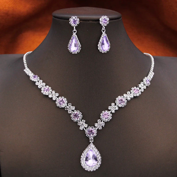 Women's Rhinestone Water Drop Bridal Jewelry Set Birthday Prom Purple Choker Necklace Earrings Wedding Bride Accessory Fashion