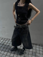 Women Black Y2k Style Baggy Denim Shorts Wide Leg Capri Pants Trendy High Waisted Dark Wash Jeans Female Casual Retro 2000s