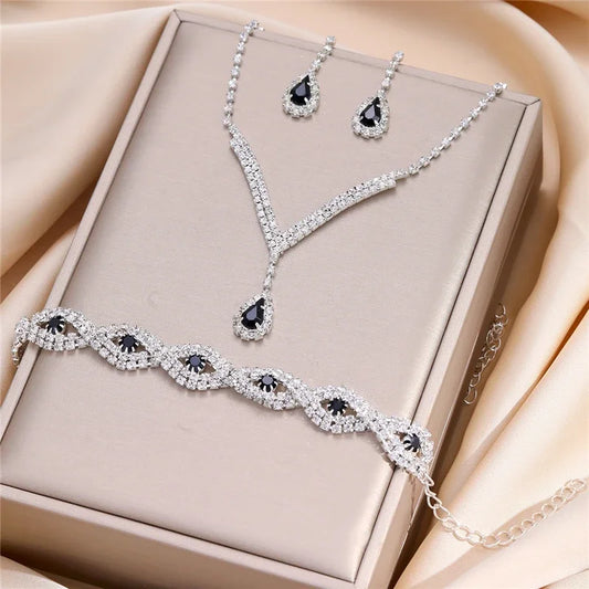 3 Pcs Luxury Rhinestone Bride Jewelry Set for Women Black Water Drop Crystal Earrings Wedding V Necklace Eye Bracelet Fashion-