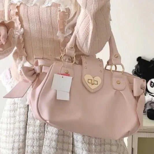 Harajuku Bow Pink Hand Bag Purse Women Japanese Style Soft Casual Crossbody Bag Ladies Sweet Cute Large Capacity Shoulder Bags