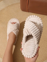 Women Corduroy Cross Strap Home Slippers Men Soft Warm Flat Slides Family Indoor Fashion Concise Plush Sandals For Four Seasons