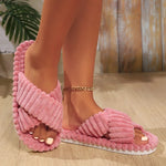 Women Corduroy Cross Strap Home Slippers Men Soft Warm Flat Slides Family Indoor Fashion Concise Plush Sandals For Four Seasons