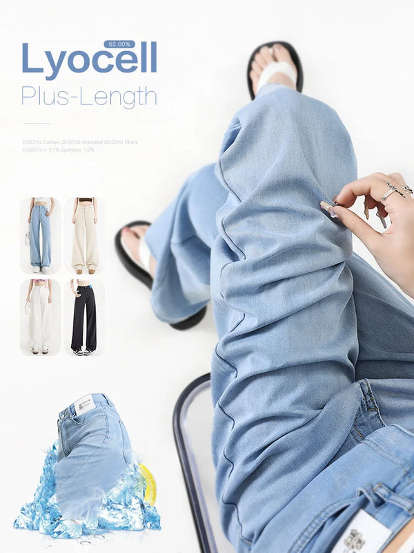 New Summer Soft Lyocell Jeans Women Blue Khaki White High Waist Straight Thin Wide Leg Denim Pants Y2k Loose Female Clothing 2XL