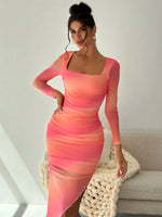 Net Red Sexy Spice Girl Square Collar Pleated Slim-fit Gradual Change Knit Dress Autumn and Winter New Hip Long Skirt