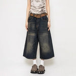 Summer American Retro Loose High Waist Distressed Seven-Foot Women's Jeans Wide Leg 7-Piece Pants High Street Design Sense