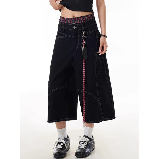 ZHIZOU American Black Jeans for Women High Waisted Wide Leg Baggy Cargo Denim Shorts 2000s Y2k Vintage Streetwear Short Jeans