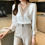 2025 Women Elegant Chiffon Shirts New Fashion White V Neck Casual Loose Long Sleeve Blouses Office Lady Tops Female Blusas 13366
