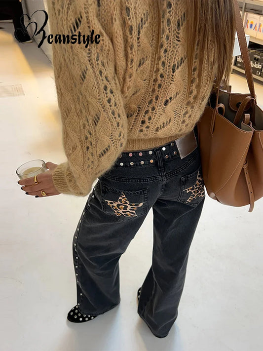 Leopard Star Print Jeans Women Fashion High Waist Zipper Straight Leg Wide Leg Pants 2025 Spring New Female Casual Streetwear