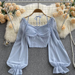 SINGREINY Polka Dot Folds Short Blouse Summer Slash Neck Long Sleeve Women Tie Halter Elastic Waist Fashion French Beach Top