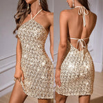 Women Short Dresses Sexy Backless Bodycon Evening dresses Sequin Halter Nightclub Cocktail Birthday Party Welcome Prom Dress XY5