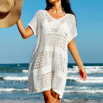 Knitting V-Neck Sexy Hollow Out Beach Bikini Cover-Ups Ladies Summer Vacation Casual Loose Beachwear Sunscreen Smock