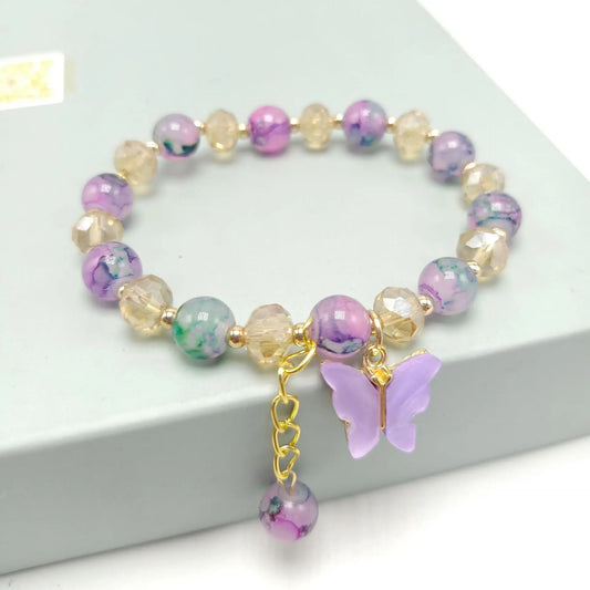 Fashion Crystal Butterfly Pendant Bracelet Colorful Imitation Ceramic Beaded Stretch Bracelets For Women Girls Birthday Gifts
