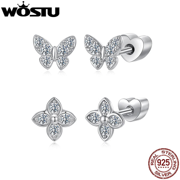 WOSTU Moissanite Mini Butterfly Clover Earrings 925 Silver Diamoind Cut Wedding Party Ear Studs Party Gift For Mom Daughter
