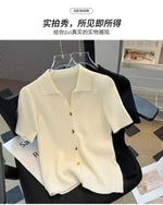 Women's Clothing Chic Polo-neck Knit Short Sleeve T-shirt Summer Casual Loose Thin All-match Cardigan Lady Solid Breathable Tops