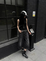 Women Black Y2k Style Baggy Denim Shorts Wide Leg Capri Pants Trendy High Waisted Dark Wash Jeans Female Casual Retro 2000s