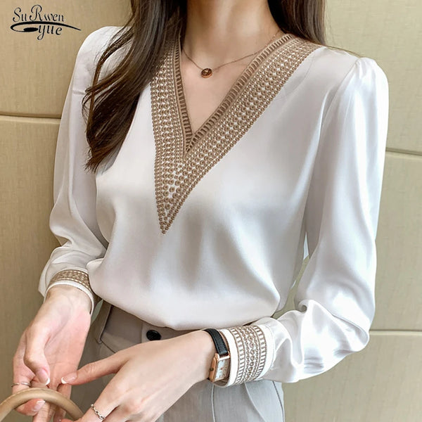 2025 Women Elegant Chiffon Shirts New Fashion White V Neck Casual Loose Long Sleeve Blouses Office Lady Tops Female Blusas 13366