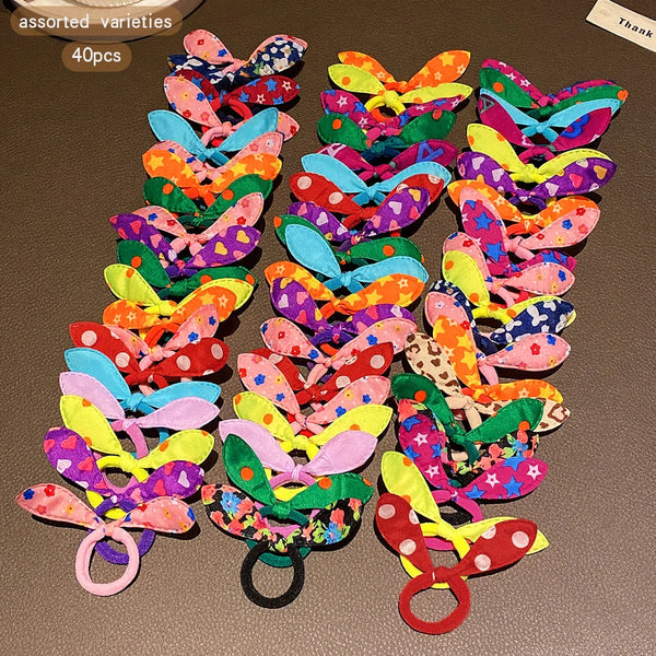 40 cute colorful random rabbit ear hair rings with sweet and windy rubber bands suitable for daily use as hair accessories