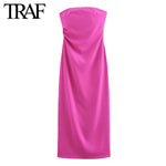 TRAF Women Fashion Summer New Sexy Split Back Zip Pleated Sleeveless Strapless Dress Chic Female French Elegant Evening