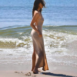 Para Praia Knitted Cover Up Beach Dress Sexy See Through Slit Bodycon Summer Dress Bikinis Cover-ups  Elegant Halter Beachdress