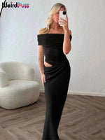 Weird Puss Ruched Irregular Dress Women Mesh Patchwork Slash Neck Short Sleeve Skinny Stretch Trend Elegant Long Bodycon Outfits