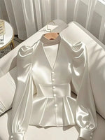 French Elegant Women's Shirt Luxury Waist Cinched White Satin Long Sleeve Shirt for Women Temperament Women's Elegant Blouses