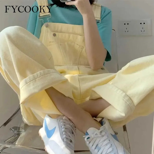 Yellow Overalls Women Summer New Sweet Cute Jumpsuit Woman Strap Pants Straight Wide Leg Pant Female