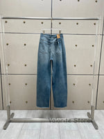 Woman Blue Denim Washed Ripped Jeans Knees Holes Fashion Trousers Frayed Hem 2025 Pants