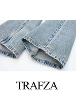TRAFZA 2024 Women's Street Fashion Denim Blue Jeans Distressed Patchwork High Waist Zipper Fly Ripped Retro Long Pants
