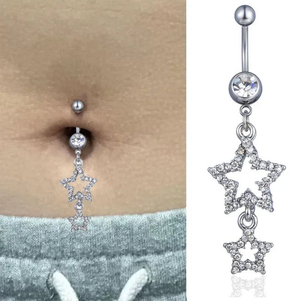 New Star Belly Button Rings Long Dangled Bar Belly Navel Piercing Ring Shinny Crystal Charming Oreja Body Jewelry Accessories