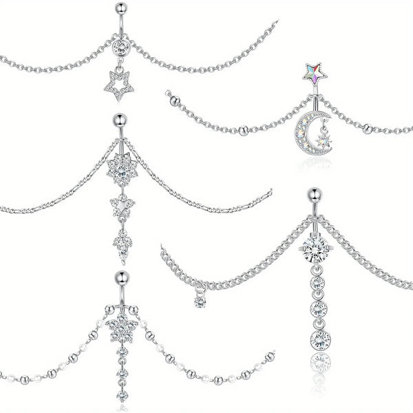 Drperfect Stainless Steel Unique Belly Button Ring with Waist Chain Dangle Rings Bikini Body Chain Waist Chains Fashion Jewelry