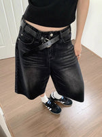 High Waist Black Retro Washed Denim Shorts Women's Harajuku Vintage Fashion Casual Loose Y2K Streetwear Mid Long  Wide Leg Pants
