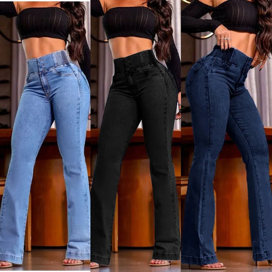 Women's Back Shirred Button Front Jeans High Waist Pants with Pockets