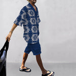 Men's Printed Casual Loose V Neck Luxury Textured Jacquard Fabric Half-Sleeved T-Shirt and Shorts Two-Piece Set, Fashionable Summer Men's Suit, Loose Fit, Breathable and Comfortable