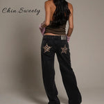 Fashion Beading Star Leopard Patchwork Jeans Women Pockets Low Waist Straight Denim Trousers 2025 Autumn Lady Streetwears New