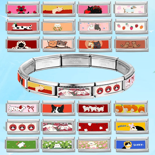 2025 New Women's Gift Cute Rabbit Cat Dogs Italian Charms Links Beads Fit 9mm Stainless Steel Modular Modular Bracelet Jewelry