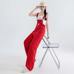 Jumpsuits Women Streetwear Red Denim Overalls Vintage Loose Casual Wide Leg Pants High Waist Strap Straight Jeans Trousers New
