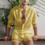 Mens Fashion Set Summer New Hollow Out Sexy Lace Shorts Pattern Print Shirt Two Piece Suits Trendy Elegant Beach Clothes Outfits