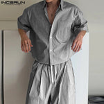 Summer Men's Sets Short Sleeve Tops Stripe Shirt Lapel Tee Loose Casual Shorts INCERUN Fashion 2PCS Suit Short Trousers Oversize